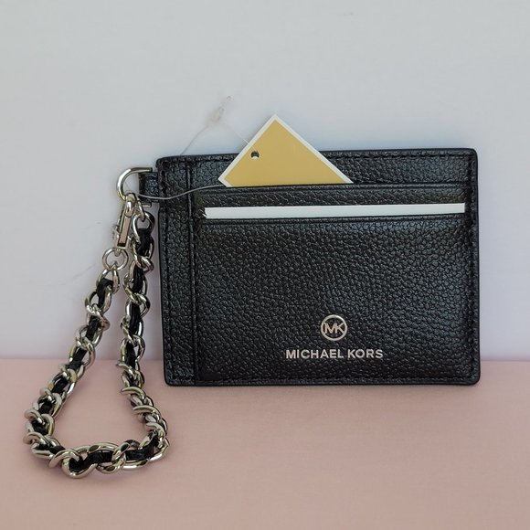MICHAEL KORS Jet Set Small ID Pebbled Leather Chain Card Holder Case- Black⭐ - Picture 7 of 16